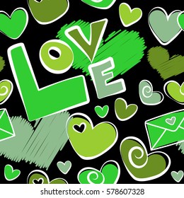 Multicolor seamless pattern on a black. Vector green hearts, love letter and love text seamless pattern on black background.
