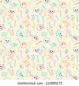 Multicolor seamless pattern with skulls and bones, vector illustration