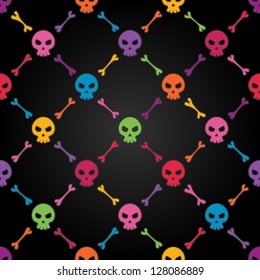 Multicolor seamless pattern with skulls. EPS 8 vector illustration. Contains transparency effects.