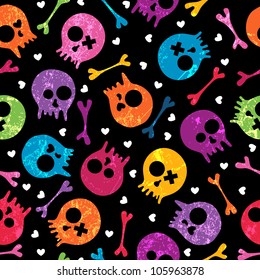 Multicolor seamless pattern with skulls and hearts. EPS 10 vector illustration. Contains transparency effects.