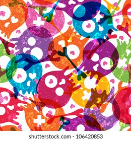 Multicolor seamless pattern with skulls and hearts on white background. EPS 10 vector illustration. Contains transparency effects.