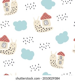 Multi-color seamless pattern of snails and rainy clouds. Design for T-shirt, textile and prints. Hand drawn vector illustration for decor and design.