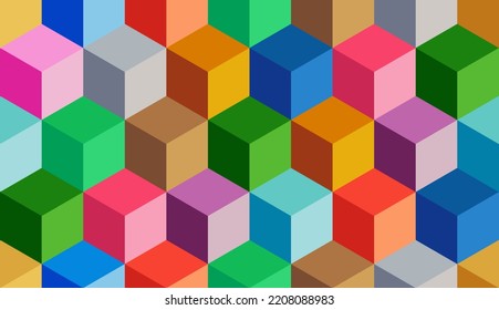 Multicolor seamless vector geometric pattern with 3d cubes. Kids wrapping template. Colorful set backdrop for postcard, poster, flyers, cards. 3D funny baby background. Endless optical illusions.	