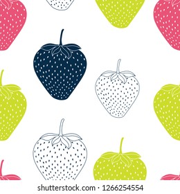 Multicolor seamless vector pattern with lime, pink and blue strawberries.