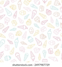 multicolor seamless vector pattern. soft serve ice cream in cone and cup. multicolor silhouettes in line hand drawn style. summer wallpaper