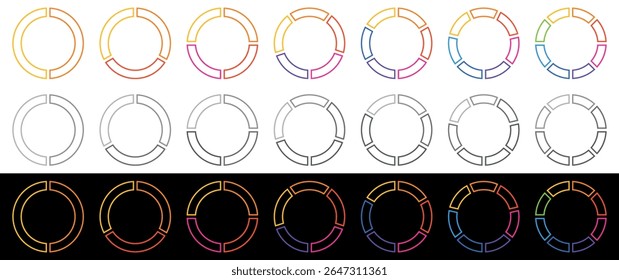 Iconos de gráfico de rosca segmentada multicolor para visualización de datos. Elementos De Infografía Circular Esbozados. Ilustración vectorial.