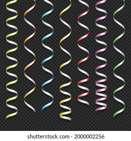 Cintas serpentinas multicolores aisladas sobre fondo transparente. Fiesta de carnaval o elementos decorativos de cumpleaños para tu diseño de pancartas y tarjetas de felicitación. Cintas de papel. Ilustración del vector EPS10