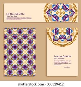 multicolor set of business cards and header templates with hand drawn tribal ornament, mandala, for greeting, invitation card, or cover. Vector illustration