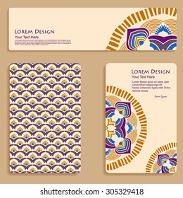 multicolor set of business cards and header templates with hand drawn tribal ornament, mandala, for greeting, invitation card, or cover. Vector illustration