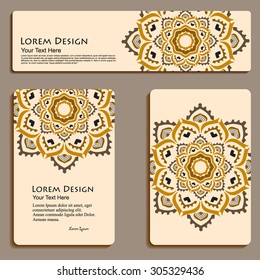 multicolor set of business cards and header templates with hand drawn tribal ornament, mandala, for greeting, invitation card, or cover. Vector illustration