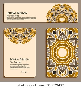 multicolor set of business cards and header templates with hand drawn tribal ornament, mandala, for greeting, invitation card, or cover. Vector illustration