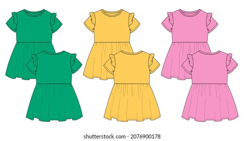 Multicolor set of collection Baby girls dress design technical Flat sketch vector illustration template. Apparel clothing Mock up front and back views Isolated on White Background.
