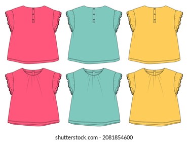 Multicolor set of collection Baby girls dress design technical Flat sketch vector illustration template. Apparel clothing Mock up front and back views Isolated on White Background.
