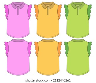 Multicolor set of collection Baby girls dress design technical Flat sketch vector illustration template. Apparel clothing Mock up front and back views Isolated on White Background.
