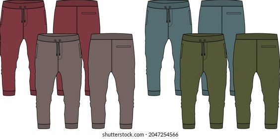 Multicolor Set Of Collection Basic Sweat Pant Technical Fashion Flat Sketch Template Front, Back Views. Apparel Fleece Cotton Jogger Pants Vector Illustration Drawing Mockup For Kids And Boys. 