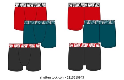 Multicolor Set of male underwear Technical Fashion flat sketch vector illustration template front and back views. Pants boxers shorts isolated on white background. Men's underpants mock up CAD.