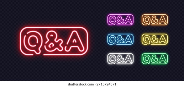 Ein mehrfarbiger Satz von Neon Q und A Zeichen leuchtet mit starkem Licht und bringt eine neugierige Stimmung. Glatte Formen und helle Töne verleihen dem Design einen stilvollen Touch.