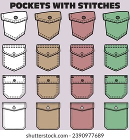 MULTICOLOR  SET OF POCKETS WITH STITCHES FOR MEN WOMEN AND KIDS WEAR GARMENTS AND APPARELS VECTOR ILLUSTRATION