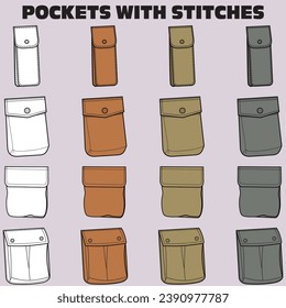 MULTICOLOR  SET OF POCKETS WITH STITCHES FOR MEN WOMEN AND KIDS WEAR GARMENTS AND APPARELS VECTOR ILLUSTRATION