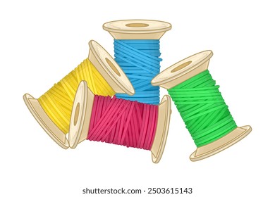 Multicolor sewing or embroidery threads on white background. Different color cotton spools. Collection of colorful bobbin. Tools for sewing, tailoring, accessory for needlework. Vector illustration