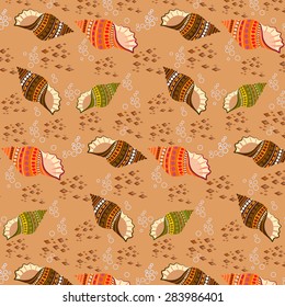 Multicolor shells on sand, bubbles and geometric pattern