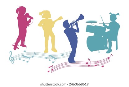 Siluetas multicolores de niños tocando diferentes instrumentos musicales. Orquesta infantil y clases musicales Anuncio de diseño de fondo, Ilustración vectorial plana aislada sobre fondo blanco.