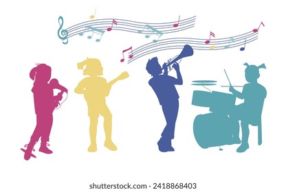 Multicolor silhouettes of Kids playing on different music instruments. Children orchestra and musical classes, decorative elements set, flat flat vector illustration isolated on white background.