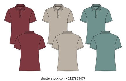 Moda técnica de la manga multicolor Dibujo plano de la ilustración del vector de la camiseta polo vista frontal y posterior aislada en fondo blanco. 