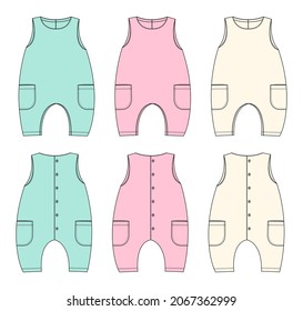 Multicolor Sleeveless baby romper Overall technical fashion flat sketch drawing vector illustration template front and back view. Apparel Clothes design Mock up for baby girl. Kids Dress Design. 