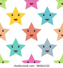 Multicolor smiling stars seamless pattern. Happy joyful cheerful  characters. Fun childish repeat tiles for textile or wrapping. EPS 8 vector illustration, no transparency