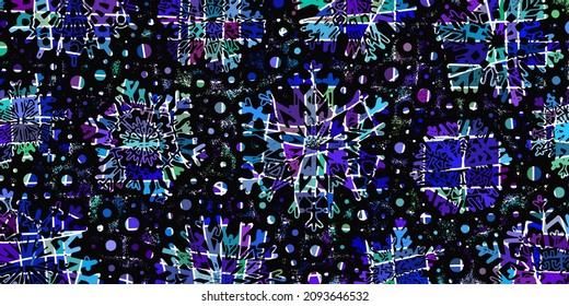 Multicolor snowflakes on dark background, banner. Winter vector background, christmas theme. 