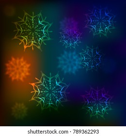 Multicolor snowflakes. Weather. Cold. Different gradients.
