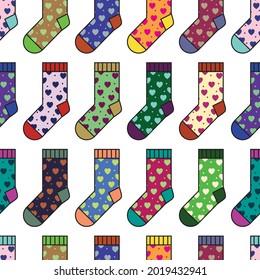 Multicolor socks with heart ornament seamless vector pattern with white background.