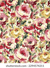 multicolor solid abstract big roses and small flower with leaves, full all over vector design with red and yellow tone background illustration digital image for textile and gift paper printing factory