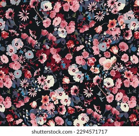 multicolor solid abstract many kind of small flower with leaves with medium color, all over vector design with black background illustration digital image for clothes and paper  printing factory