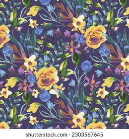 multicolor a solid abstract many kind of big and small blooming flower with purple background, all over vector design, illustration digital image for textile or wrapping paper print