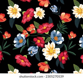 multicolor a solid abstract many kind of hibiscus flower, all over vector design with black background illustration digital image for textile or wrapping paper printing factory