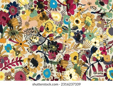 multicolor a solid abstract many kind small flower and shape with bright background, all over illustration digital image for textile or wrapping paper printing factory