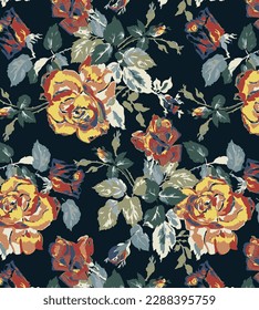 multicolor of solid abstract roses flower and gray leaves motif with medium color, all over vector design with dark solid background illustration digital image for textile printing factory