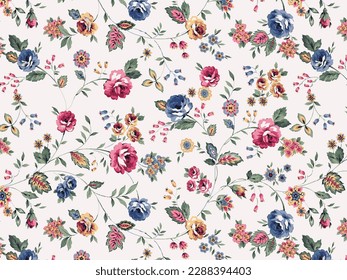 multicolor of solid abstract roses and small flower motif arrangement with medium color, all over vector design with bright background illustration digital image for textile and paper printing factory