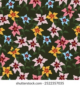 multicolor a solid abstract simple many kind of hibiscus flower with green leaves, all over vector design with dark background illustration digital image for textile or wrapping paper print