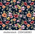 Multicolor solid abstract small and big blooming hibiscus flower pattern with bright color tone background illustration, vector digital image for textile design and wrapping paper printing factory
