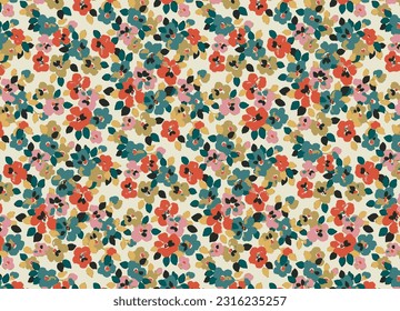 multicolor a solid abstract small hibiscus flower pattern with cream background, full all over illustration digital image for textile or wrapping paper printing factory
