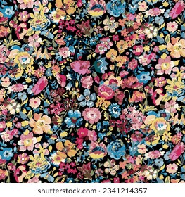 multicolor solid abstract variety of small and tiny flower arrangement patterns with a dark background,  illustration digital image for textile or wrapping paper printing factory