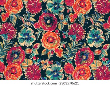 multicolor a solid many kind of abstract big and small blooming flower with dark background, all over illustration digital vector image for textile or wrapping paper printing factory