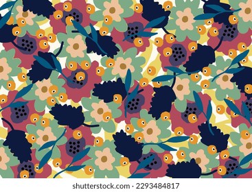multicolor a solid many kind of cartoon blooming flower, heavy all over vector design with solid background illustration digital image for paper and textile printing factory
