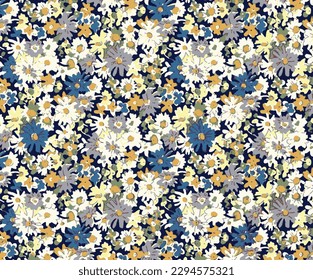 multicolor solid small flower with dark background motif, full all over vector design with blue and yellow tone illustration digital image for textile printing factory