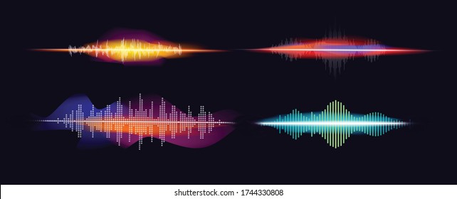 Multicolor sound waves. Abstract music wave, radio signal frequency and digital voice visualisation. Tune equalizer vector set. Сolor volume audio lines, soundwaves rhythm isolated on dark background