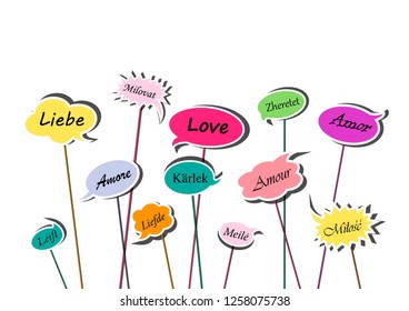 multicolor speech bubbles with love word in various European languages isolated on the white background, horizontal vector illustration