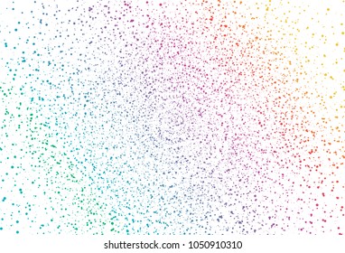 Multicolor spot splash circle eye orbit vector illustration template. Stars dust scattered glitter white abstract background, summer party and celebration concept